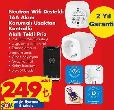 NEUTRON WİFİ DESTEKLİ 16A AKIM KORUMALI UZAKTAN KONTROLLÜ AKILLI TEKLİ PRİZ